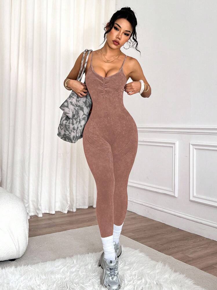 Easithlete 1pc Women's Matte Wash Round Neck Twist Strap Jumpsuit Brown Yoga Jumpsuit Brown Workout Jumpsuit Seamless Yoga Jumpsuit Tan Workout Jumpsuit Brown Workout Set Brown Yoga Set Tan Workout Set - Mocha Brown - View 6