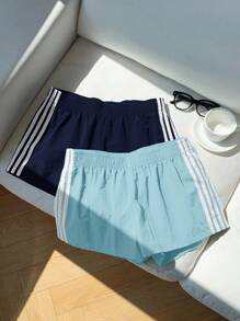Comfortcana 2pcs Women's Summer Contrast Color Waistband Shorts - Blue - View 3