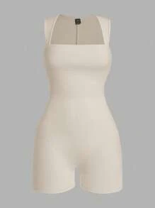 SHEIN EZwear 3pcs Summer Minimalist Solid Color Square Neck Sleeveless Romper 3 Piece Bodysuit Set Women