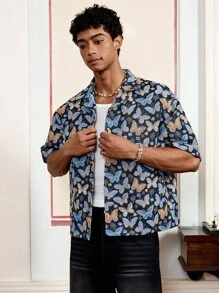 SWAVVY Men's Casual Vacation Style Allover Butterfly Print Short Sleeve Loose Shirt, Summer - Multicolor - View 3