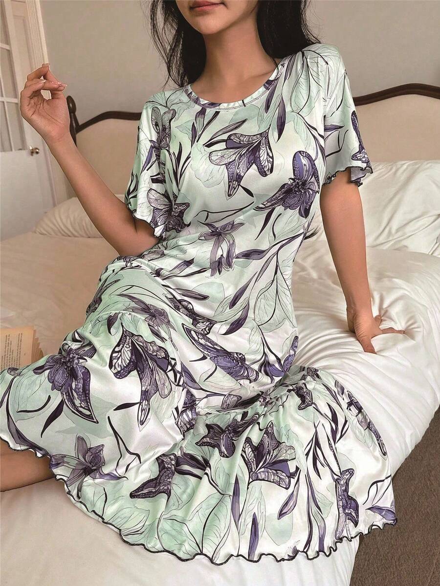Serenescape 全身花卉印花生菜下摆休闲女式睡袍 - 綠色 - 查看 1