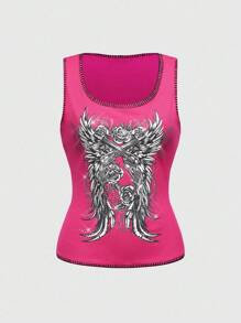 ROMWE J-Fashion Y2K Style Sexy Gun & Wing Patchwork Shell Top For Women - Hot Pink - View 1
