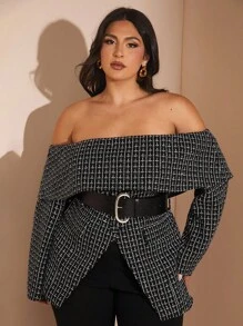 SHEIN BAE Sacou texturat alb-negru pentru femei, mărime mare, cu mânecă lungă, cu umeri goi - Negru - Vizualizare 2