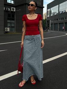 DAZY 女士时尚街头休闲度假花卉提花系带腰部毛边超长牛仔裙 - 淺藍色 - 查看 3