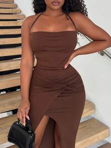 Alexandranx Women's Sexy Split Twist Knot Strapless Cropped Top & Skirt Set, Spring/Summer - Brown - View 3