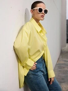 GENKIRA Plus Size Solid Color Front Button Loose Long Sleeve Pocket Shirt - Yellow - View 4
