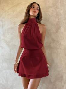 Aloruh 女士性感优雅露背雪纺腰部褶饰连衣裙 - 酒紅色 - 查看 5