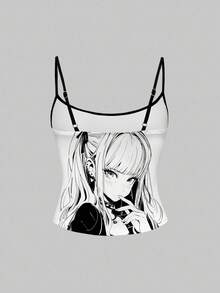 ROMWE Sexy Dễ Thương Phụ Nữ Đen Trắng Anime Hoạt Hình Y2K Màu Tương Phản Áo Camisole - trắng - Xem 2