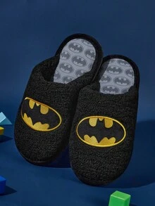 BATMAN X SHEIN 时尚金色刺绣男女防滑室内拖鞋柔软毛绒保暖冬季家居鞋耐用鞋底黑色，居家卧室空调房春秋季男女通用 - 黑色 - 查看 8