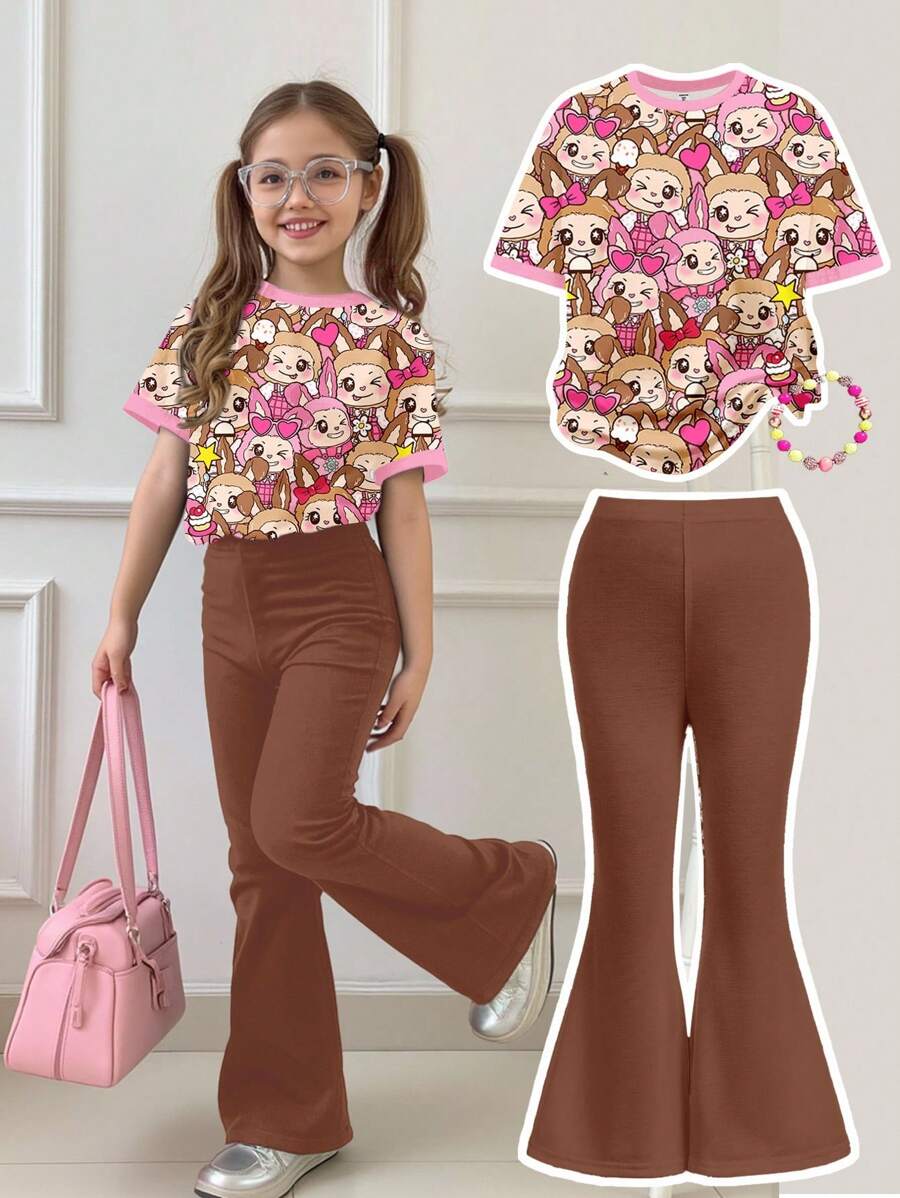 SHEIN 2pcs/Set Tween Girls Casual Loose Fit Spooky Season Jungle Animal Print Short Sleeve Round Neck T-Shirt And Flare Pants Outfit, Suitable For Summer, Autumn Outfits For, Easy Comfort, Autumn Layers For Kids, Stylish Kids, Casual Wear, Kids Graphic Clothes, Back To School, Fall Clothes, Homecoming, Suitable For Outdoor Picnic, Street Photography, Home, Campus, Halloween - Multicolor - View 1