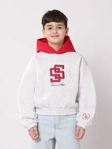 SUMWON Club Classic Design Boys Drawstring Hoodie Teen Casual Daily School Sweatshirt Custom Logo Graphic Jumper Kids Outerwear - Light Grey - View 1