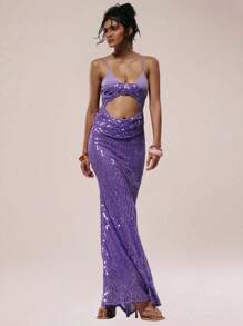 MUSERA Double Layer Sequin Cut Out Fitted Maxi Dress Purple Summer 70's Club Night Party Disco Draped Front Beaded Strapless Wedding Guest Long Dress - Purple - View 1