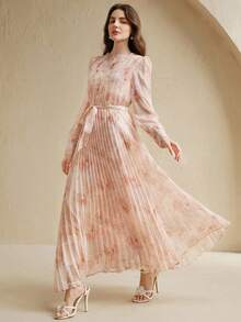 Anewsta New Elegant Pleated Round Neck Dress For Women - Baby Pink - View 5