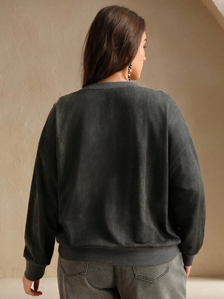 Sweat-shirt-shirt oversize élégant rétro à col rond, manches longues, orné de sequins, printemps/automne