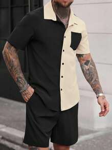 Manfinity Dauomo Men's Contrast Color Minimalist Short Sleeve Shirt And Solid Shorts Set For Daily Wear - Multicolor - View 1