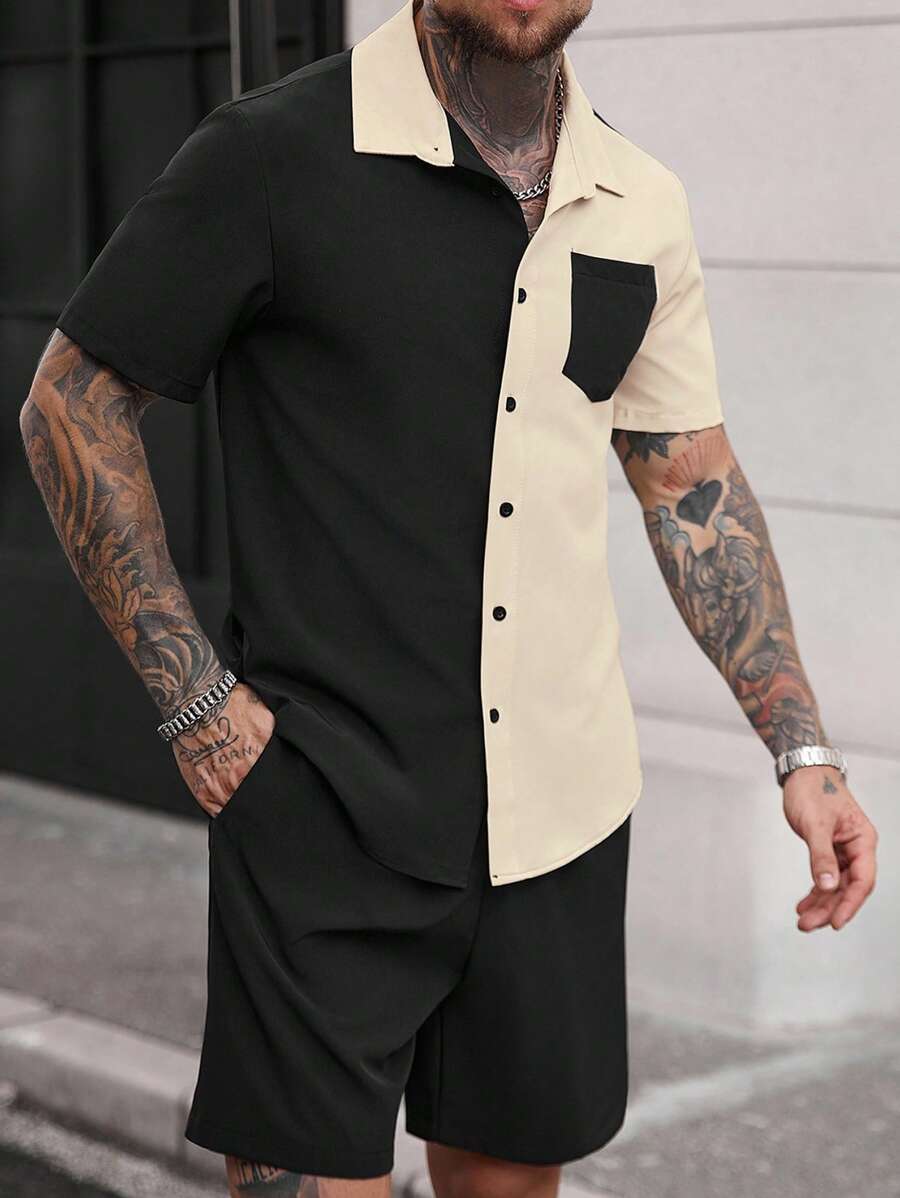 Manfinity Dauomo Men's Contrast Color Minimalist Short Sleeve Shirt And Solid Shorts Set For Daily Wear - Multicolor - View 1