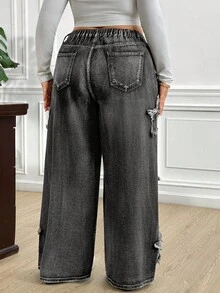 Truni Awkwardfatgirl Plus Size Women Frayed Edge Star Pockets Wide Leg Loose Casual Jeans, For Pear Triangle Body Shape - Black - View 2