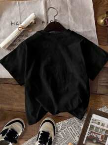 SHEIN Leap Crew Kaos Lengan Pendek Leher Bulat Minimalis Kasual Warna Hitam untuk Remaja Perempuan, Cocok untuk Musim Semi/Panas - Hitam - View 3
