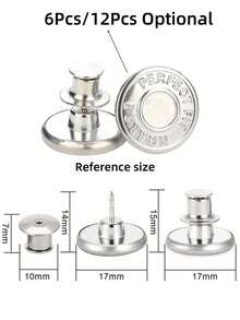 SHEIN 6/12 Nút quần jean thay thế 17mm Bộ dụng cụ sửa nút kim loại không cần khâu, không cần đinh, Nút quần jean thay thế có thể tháo rời, Combo dành cho ngày lễ tình nhân, đám cưới, sinh nhật, nút, may vá, vật dụng may vá, phụ kiện may vá, vật dụng thủ công, tự làm, đồ thủ công cho người lớn - Bạc - Xem 2