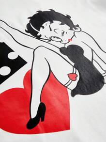 Slaydiva Betty Boop x SHEIN 大码秋冬新品，女装秋冬，万圣节，日常休闲及街头风，白色宽松圆领短袖卡通人物图案波点爱心印花常规T恤 - 白色 - 查看 10