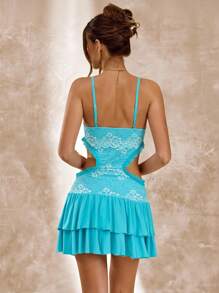 SHEIN BAE 纯橙色性感修身镂空蕾丝拼布女式紧身连衣裙，露背蕾丝连衣裙，夏季连衣裙，优雅连衣裙 - 淺藍色 - 查看 2