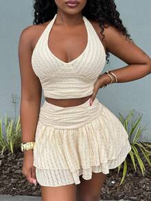 Alexandranx 女式米色纹理面料露背 V 领修身背心和双层喇叭迷你裙 2 件套，度假装 - 米色 - 查看 3