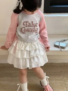 SHEIN Little Byeori 少女甜美可爱层叠荷叶边下摆半身裙 - 白色 - 查看 7