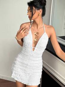 Roylia 女士优雅度假露背深V领连体裤，年轻时尚，夏季 - 杏色 - 查看 6