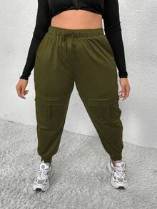 EMERY ROSE Plus Size Solid High Waisted Drawstring Hem Cargo Pants - Green - View 6