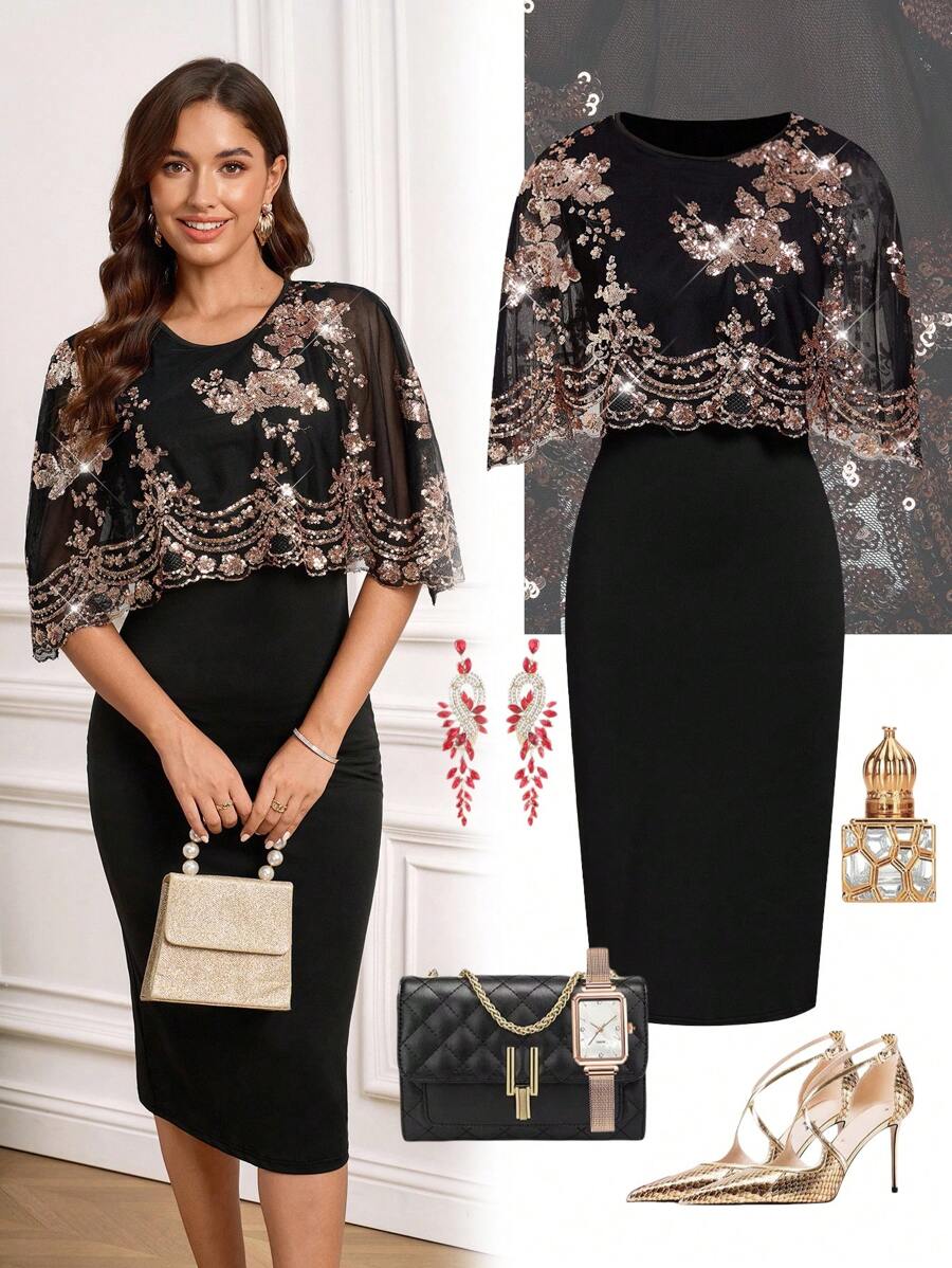 Ellevyn 亮片花朵刺绣迷人优雅派对礼服，适合派对和聚会 - 黑色 - 查看 1