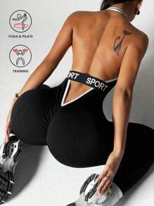 Easithlete 1 pezzo Tuta da donna con scollo a V profondo, spalline larghe, senza schienale e con dettagli a contrasto, adatta per yoga, fitness ed esercizi - nero - Visualizzare 2