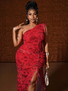 Maweii Plus Size Women's Floral Print Sleeveless Drawstring Waist Side Slit Hem Fashion Maxi Dress - Red - View 2