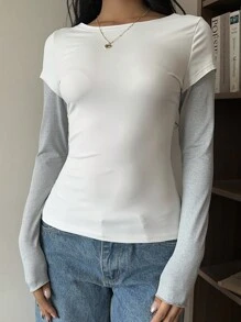 SHEIN EZwear 女士撞色圆领长袖修身休闲百搭T恤 - 白色 - 查看 6