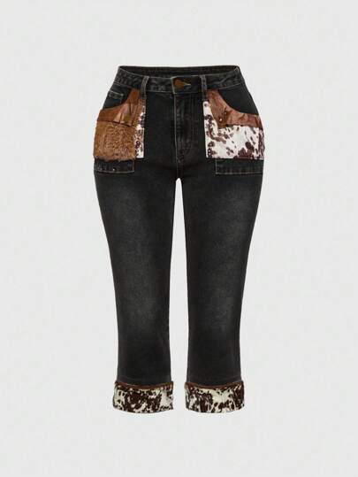 J-Fashion Pantalon capri en jean doux à taille basse vintage Y2K avec patchwork imprimé vache