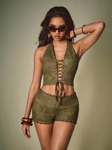 Shutterstock Y2Kool 绿色 V 领抽绳性感露背吊带上衣系带上衣系带上衣交叉上衣休闲 - 軍綠色 - 查看 3