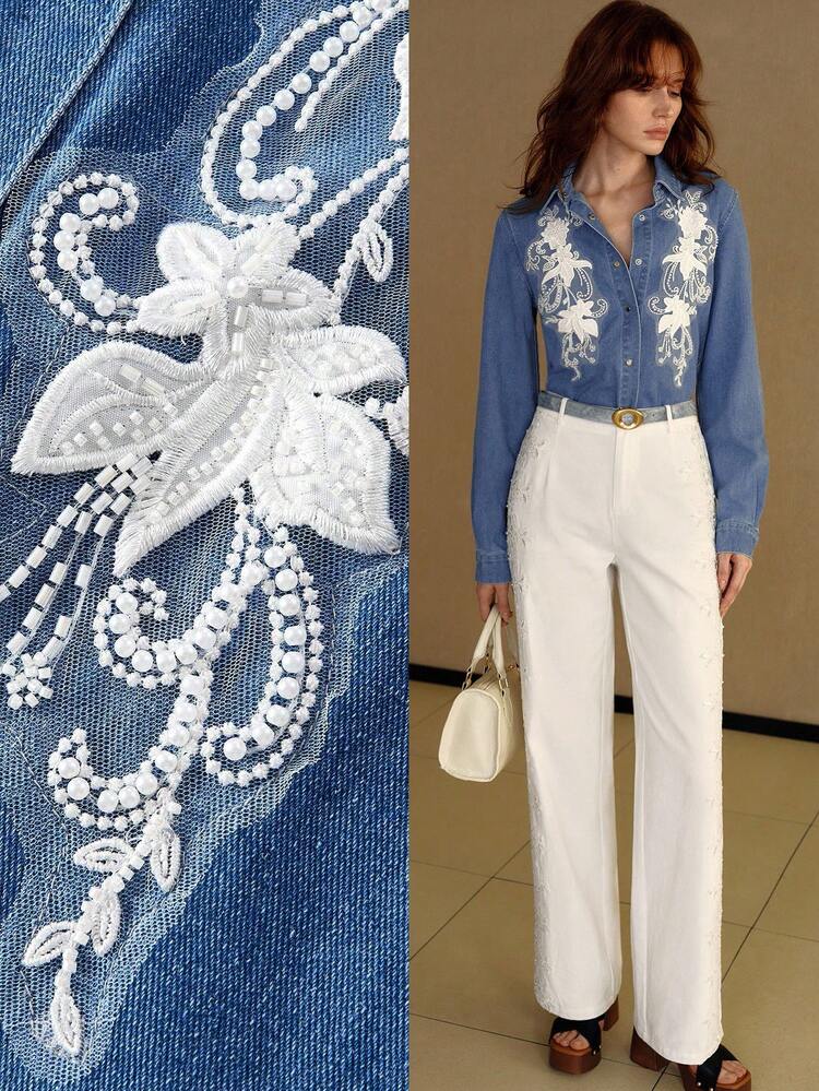 CHEMISE EN DENIM AVEC DÉTAILS D'APPLICATIONS EN MAILLE BRODÉES DE PERLES FAUSSES ET DE PERLES FLEURIES