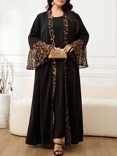Al Najma Plus Size Women Leopard Patchwork Flare Sleeve Robe Arabian Style Outfit Leopard Print