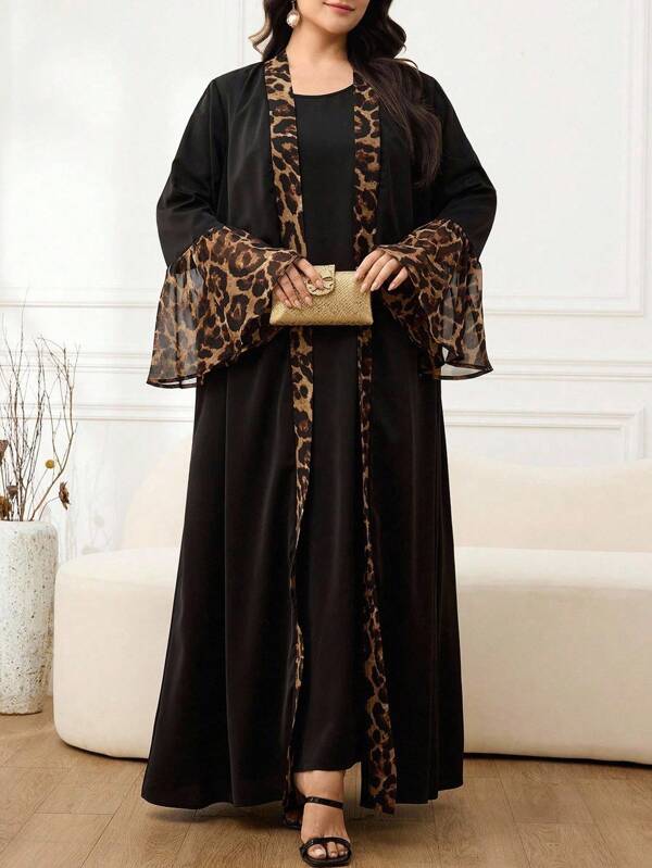 Al Najma Vestaglia stile arabo da donna taglie comode con patchwork e maniche a balze a fantasia leopardata