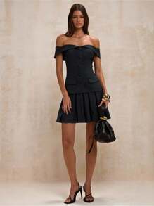 SHEIN BAE 女士优雅纯色露肩西装外套和褶皱 A 字裙套装