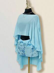 SHEIN ICON Women's Blue Loose Vacation Casual Shawl Top With Multi-Wear Style, Asymmetric Neckline, Open Back, And Tie Strap - Blue - View 3