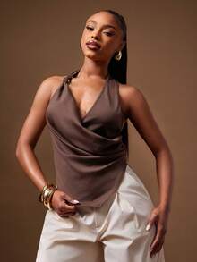 Denimoi Knot Detail Solid Color Sexy Fashion Cowl Neck Halter Top - Coffee Brown - View 5