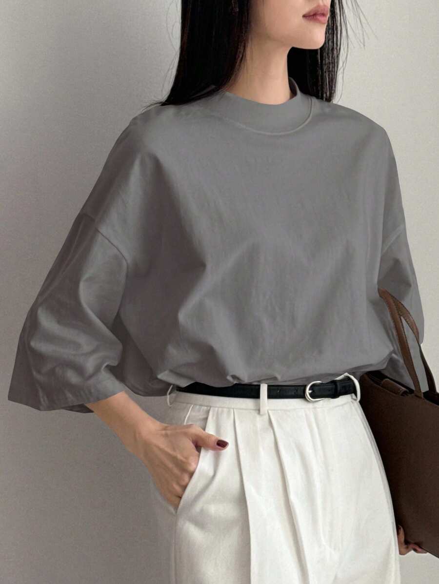 Dazy-Less Camiseta básica de manga corta de unicolor, informal y holgada para mujer, para primavera/verano - Gris Oscuro - Ver 1