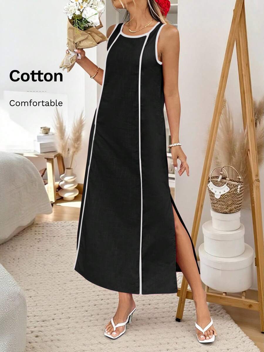 Easowa 春夏浪漫度假无袖圆领开衩下摆红粉色连衣裙，适合休闲浪漫度假，日常休闲通勤穿着