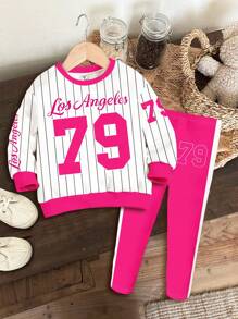SHEIN Set da 2 pezzi Happikins per ragazze giovani, composto da felpa girocollo a maniche lunghe con grafica e righe, e leggings, adatto per autunno/inverno, stile casual sportivo, per esterno, scuola, casa, in stile autunnale - Multicolore - Visualizzare 2