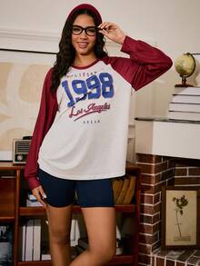 Miss Vinta Retro Casual College Style Contrast Color Raglan Sleeve Top & Cycling Pants Women Pajama Set, Fall Clothes - Multicolor - View 3