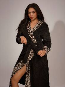 Lazeform Women's Long Plush Jacquard Patchwork Leopard Print Lapel Robe, Winter Leopard Print Robe Women Robe Robes For Women Fluffy Cheetah Robe Black Robe With Leopard Print - Black - View 3