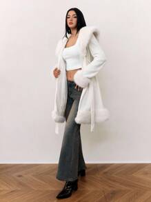 SHEIN Tall 秋冬女士时尚人造毛皮拼布夹克 - 米色 - 查看 5