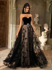 Aureia 优雅奢华刺绣蕾丝和天鹅绒拼布喇叭裙，适合婚礼、派对、度假、舞会、正式活动（重刺绣），黑色 - 黑色 - 查看 2