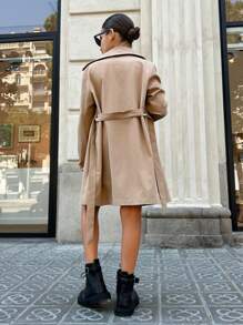 SHEIN 少女翻领双排扣系带腰带口袋休闲风衣，卡其色风衣，带口袋和系带腰带，休闲学院风，适合日常穿着，通勤穿着，秋冬季卡其色风衣 - 卡其色 - 查看 2