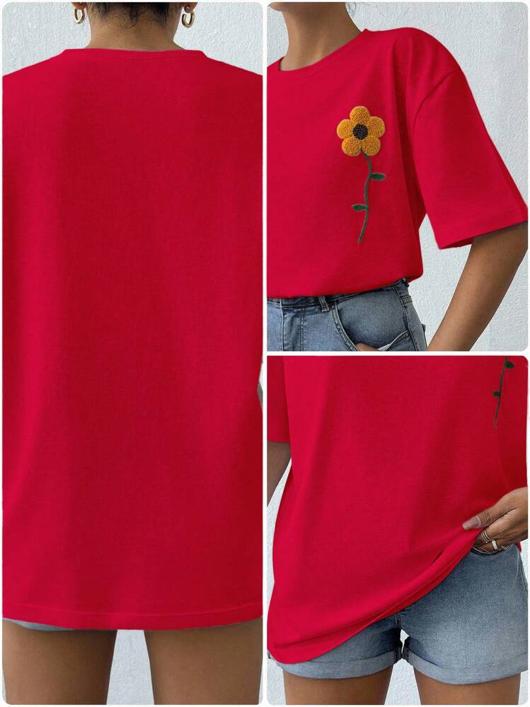 100%Cotton Summer Flower Flocking White T-Shirt - Red - View 8